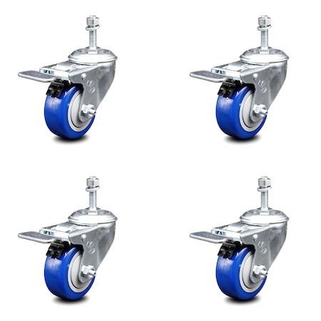 Service Caster 3.5 Inch Blue Polyurethane Swivel 10mm Stem Caster Set Total Lock Brake SCC SCC-TSTTL20S3514-PPUB-BLUE-M1015-4